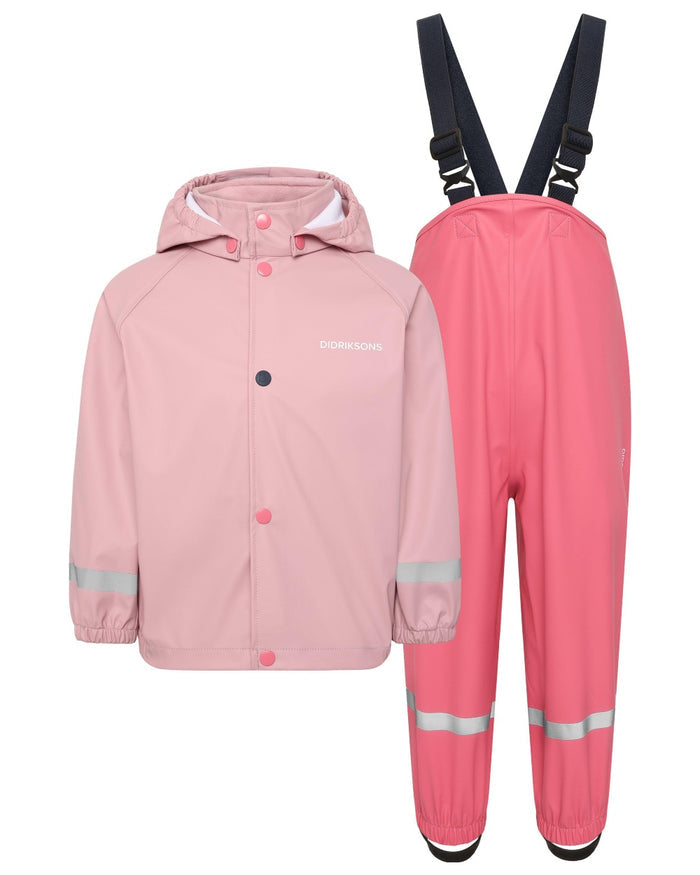 Soft Pink coloured Didriksons Childrens Slaskeman Rain Set Clearance on white background #colour_soft-pink