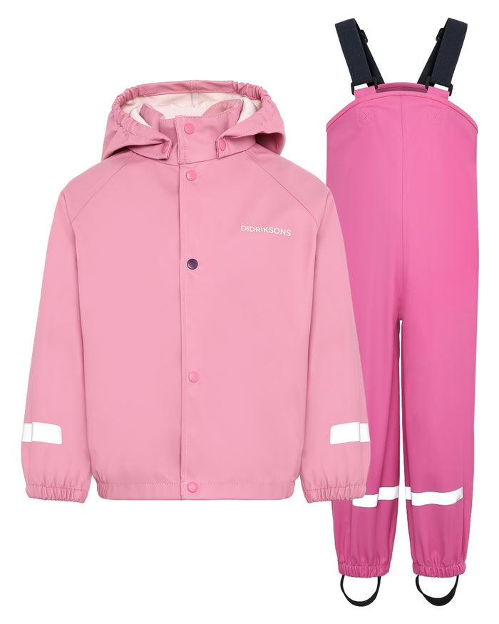 Light Heather Pink coloured Didriksons Childrens Slaskeman Rain Set on white background #colour_light-heather-pink