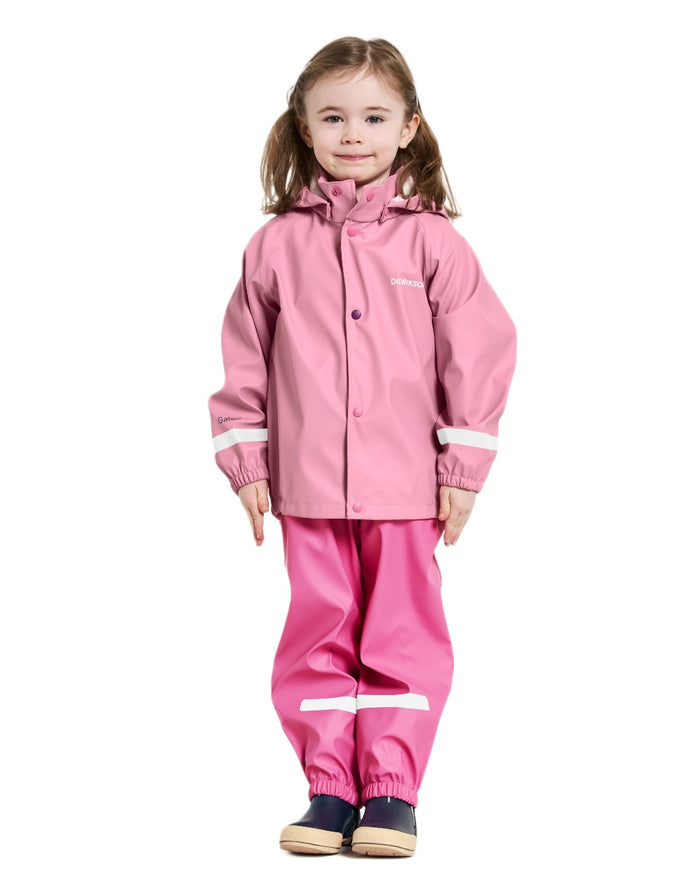 Light Heather Pink coloured Didriksons Childrens Slaskeman Rain Set on white background #colour_light-heather-pink