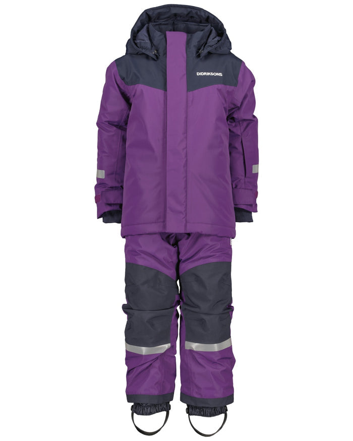 Royal Purple Coloured Didriksons Kids Skare Set on white background #colour_royal-purple