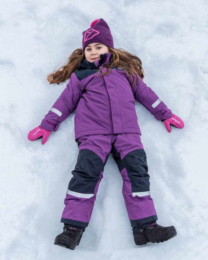 Royal Purple Coloured Didriksons Kids Skare Set on snow background #colour_royal-purple