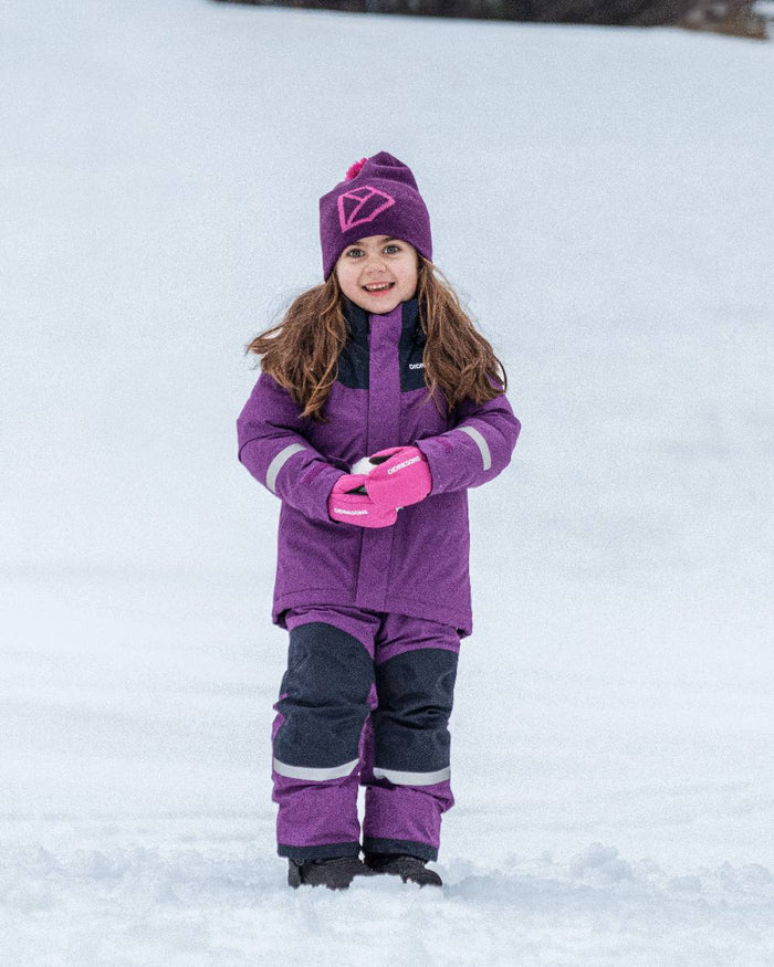 Royal Purple Coloured Didriksons Kids Skare Set on snow background #colour_royal-purple