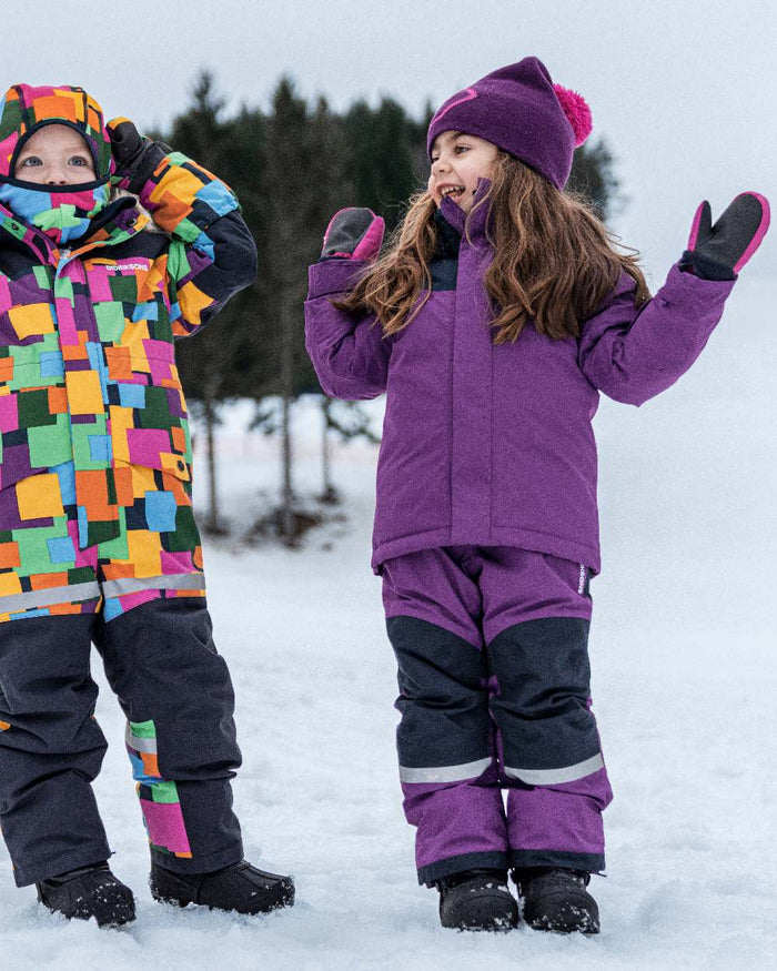 Royal Purple Coloured Didriksons Kids Skare Set on snow background #colour_royal-purple