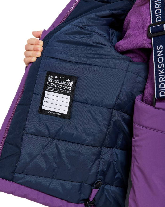 Royal Purple Coloured Didriksons Kids Skare Set on white background #colour_royal-purple