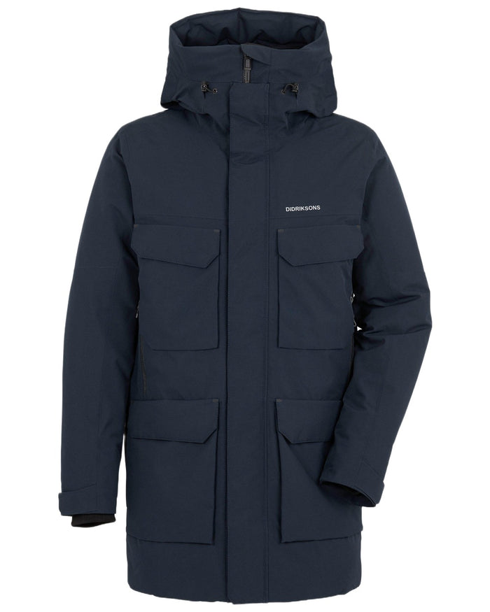 Dark Night Blue Coloured Didriksons Drew Parka on white background #colour_dark-night-blue
