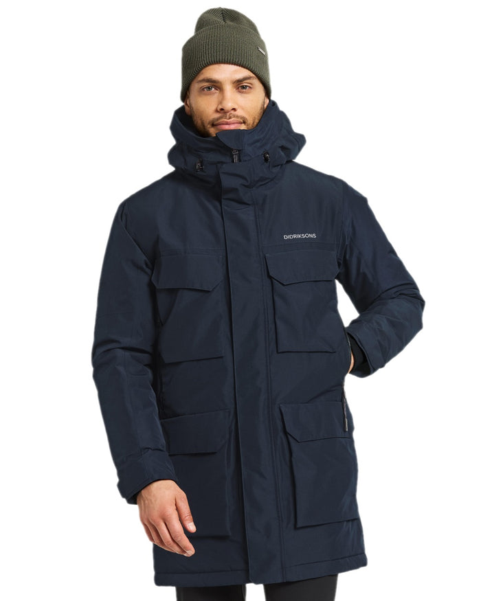 Dark Night Blue Coloured Didriksons Drew Parka on white background #colour_dark-night-blue
