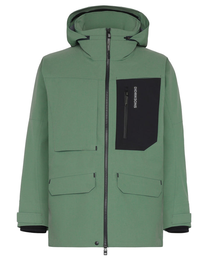 Dark Moss coloured Didriksons Fractus Waterproof Jacket on white background #colour_dark-moss