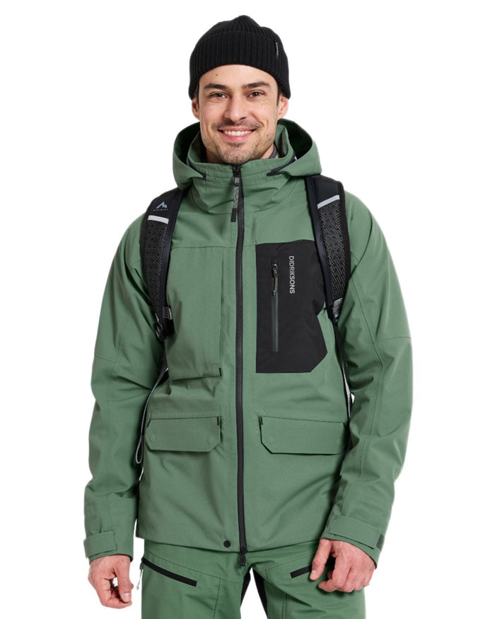 Dark Moss coloured Didriksons Fractus Waterproof Jacket on white background #colour_dark-moss