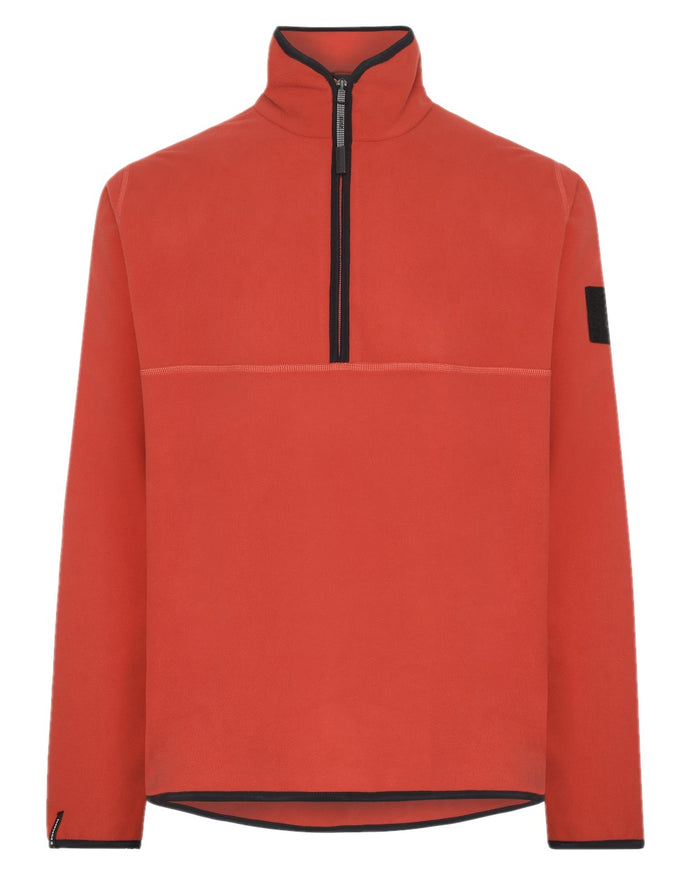 Ochre Red coloured Didriksons Mens Hannes Half Zip Sweater on white background #colour_ochre-red