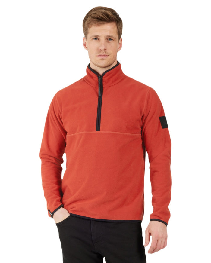 Ochre Red coloured Didriksons Mens Hannes Half Zip Sweater on white background #colour_ochre-red