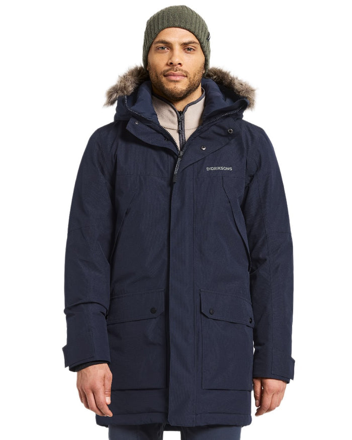 Dark Night Blue Coloured Didriksons Mens Rick Parka on white background #colour_dark-night-blue