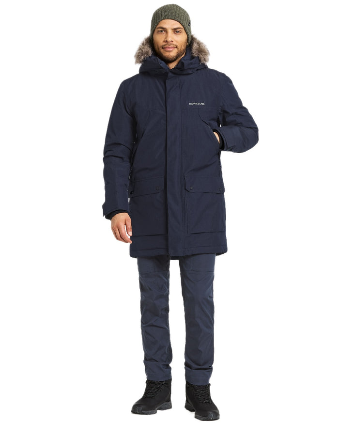 Dark Night Blue Coloured Didriksons Mens Rick Parka on white background #colour_dark-night-blue