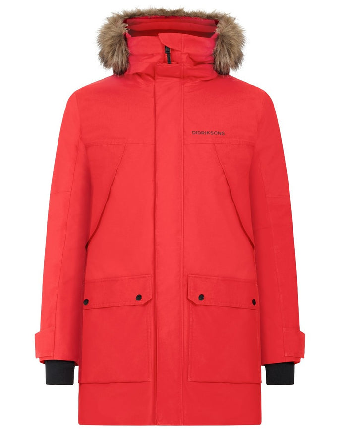 Pomme Red Coloured Didriksons Mens Rick Parka on white background #colour_pomme-red