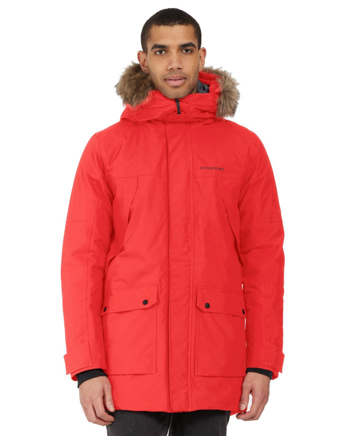 Pomme Red Coloured Didriksons Mens Rick Parka on white background #colour_pomme-red