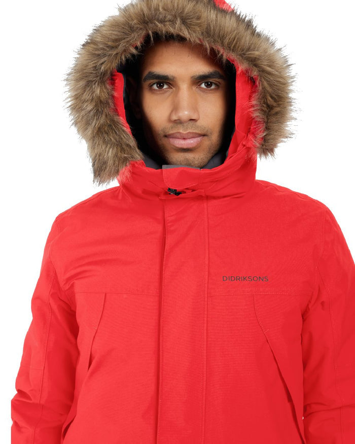 Pomme Red Coloured Didriksons Mens Rick Parka on white background #colour_pomme-red