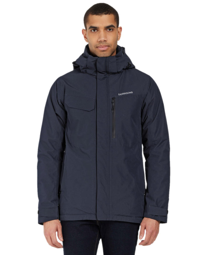 Dark Night Blue Coloured Didriksons Mens Stefan Jacket on white background #colour_dark-night-blue