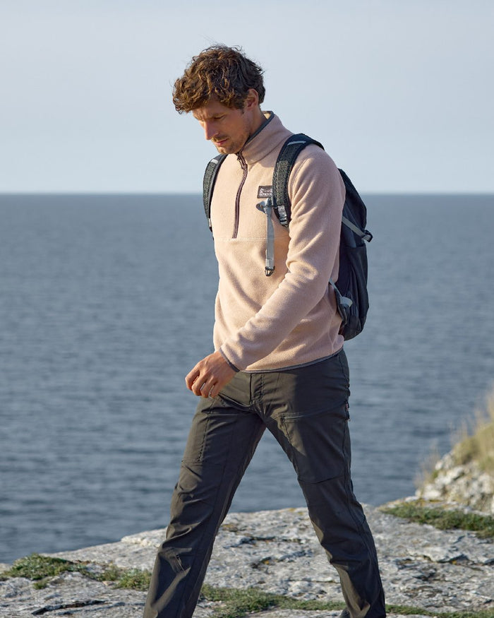 Beach Biege coloured Didriksons Mens Vito USX Half Zip Sweater on coastal background #colour_beach-beige