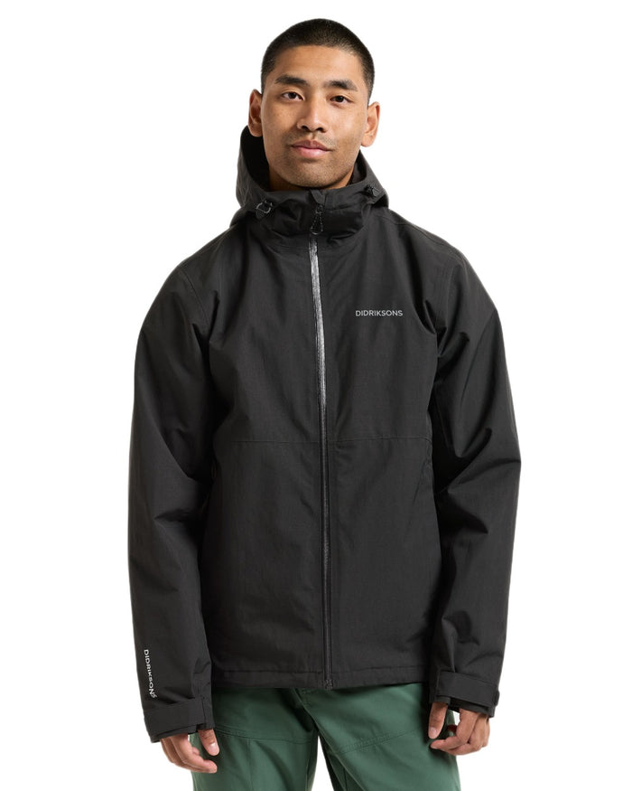 Black coloured Didriksons Trien Jacket on white background #colour_black