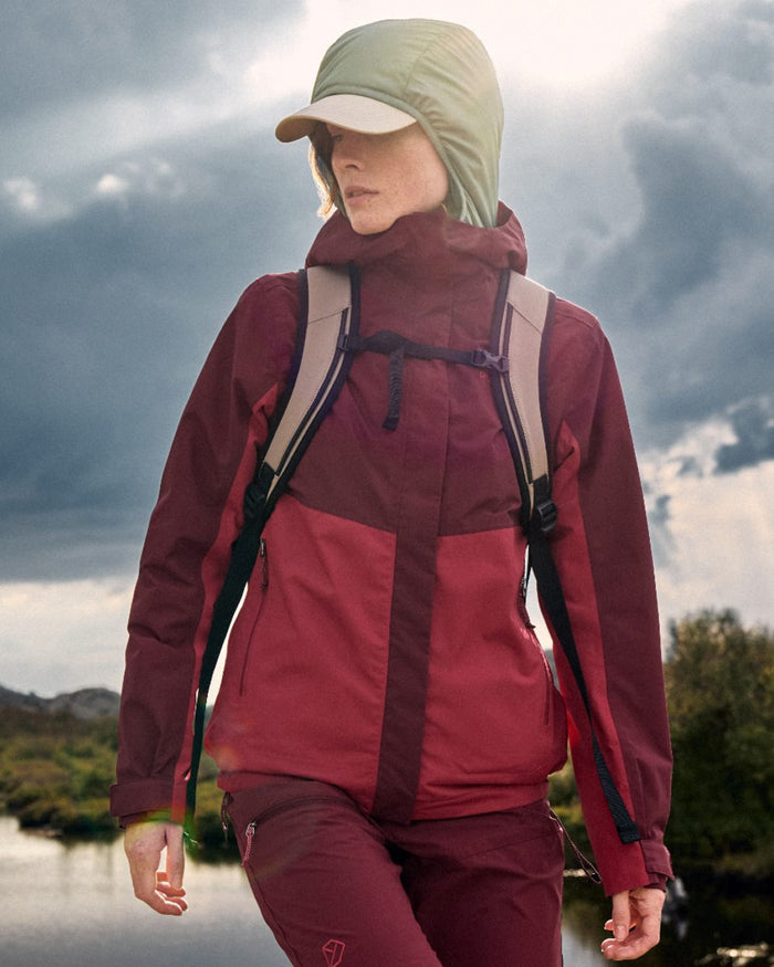 Spring Red coloured Didriksons Womens Grit Jacket 4 on sea background #colour_spring-red