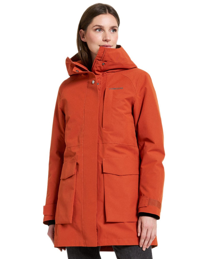 Rust Coloured Didriksons Womens Harriet Parka on white background #colour_rust