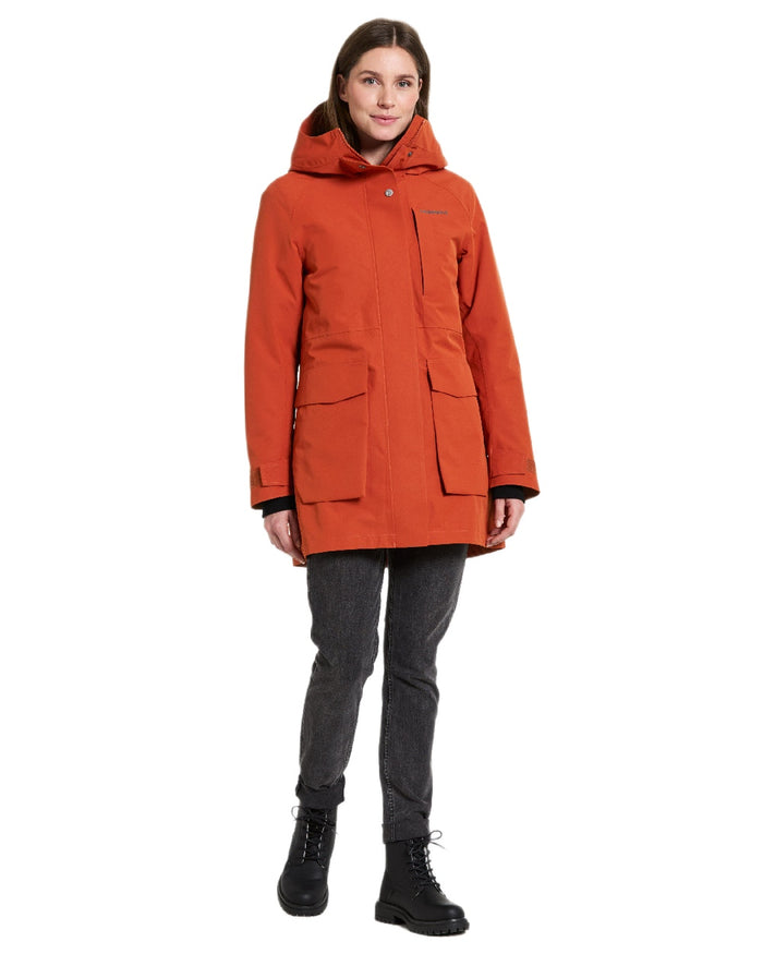 Rust Coloured Didriksons Womens Harriet Parka on white background #colour_rust