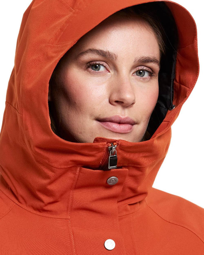 Rust Coloured Didriksons Womens Harriet Parka on white background #colour_rust
