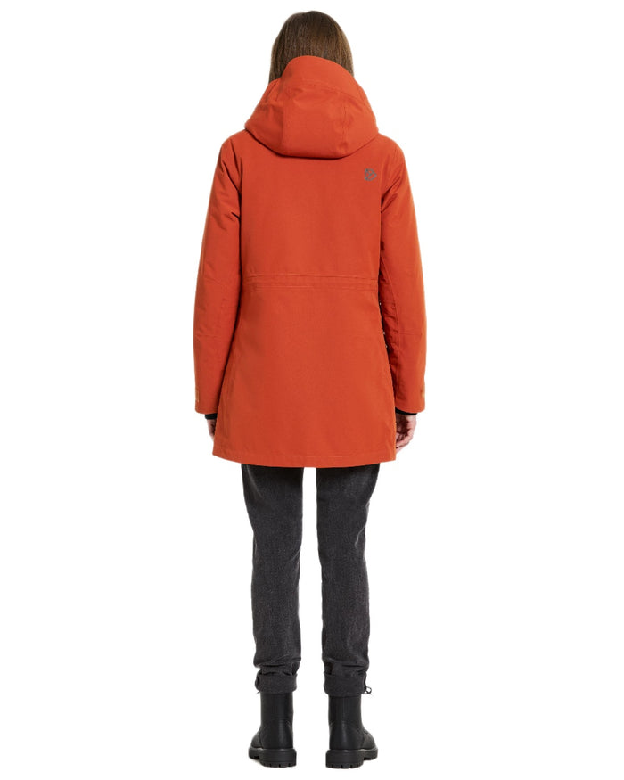 Rust Coloured Didriksons Womens Harriet Parka on white background #colour_rust
