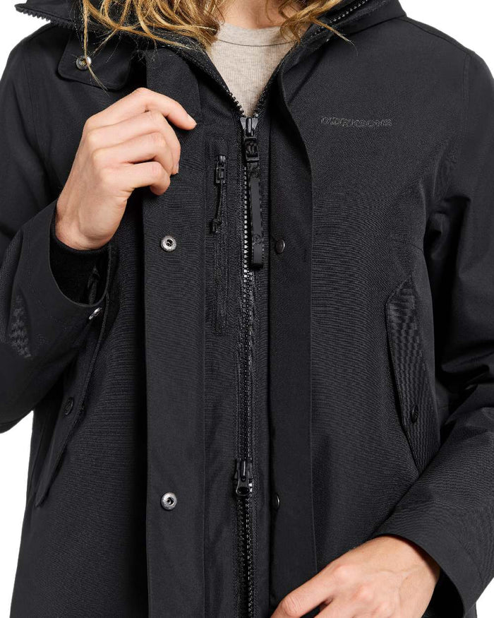 Black Coloured Didriksons Womens Iris Parka on white background #colour_black