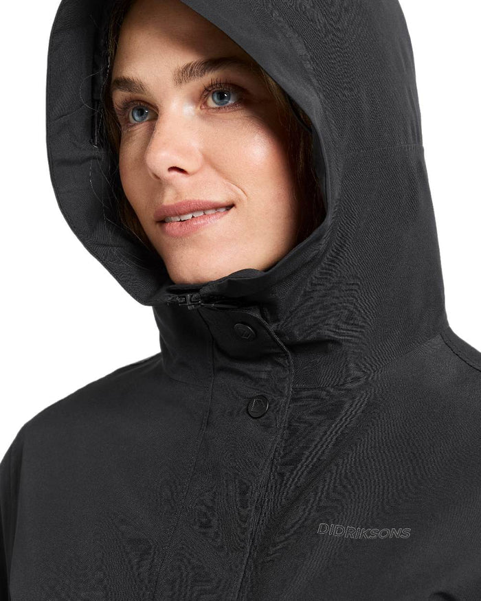 Black Coloured Didriksons Womens Iris Parka on white background #colour_black