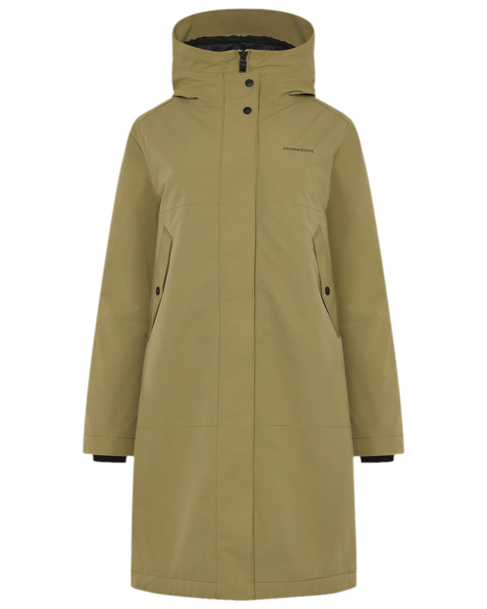 Olive Green Coloured Didriksons Womens Iris Parka on white background #colour_olive-green