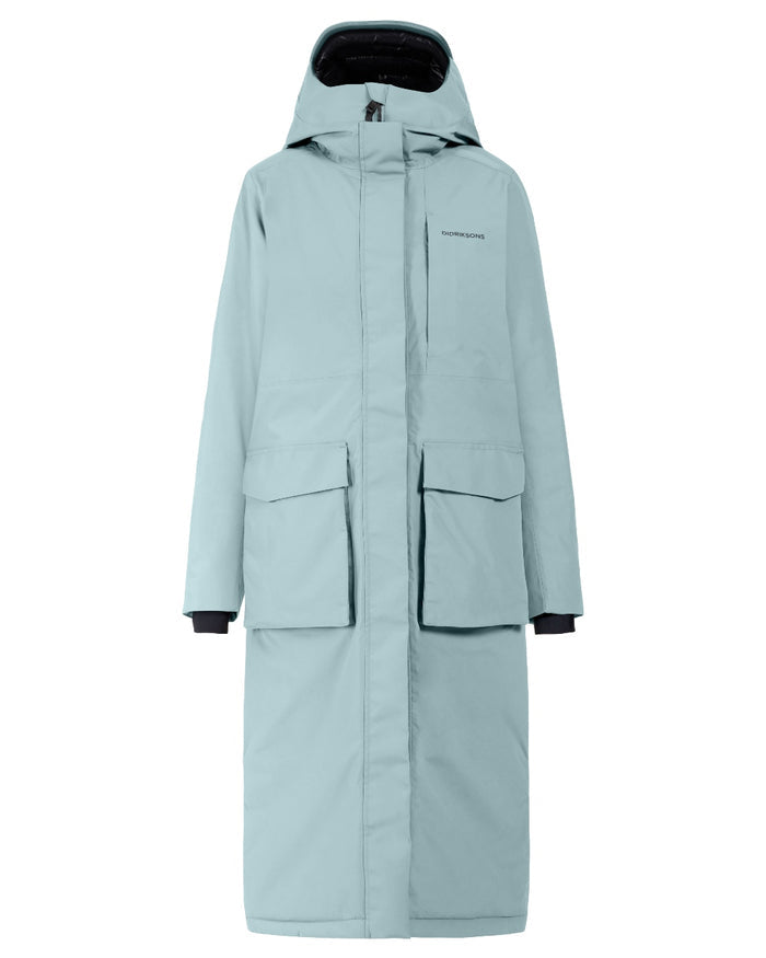 Factory Blue coloured Didriksons Leya Womens Parka Long 4 on white background #colour_factory-blue