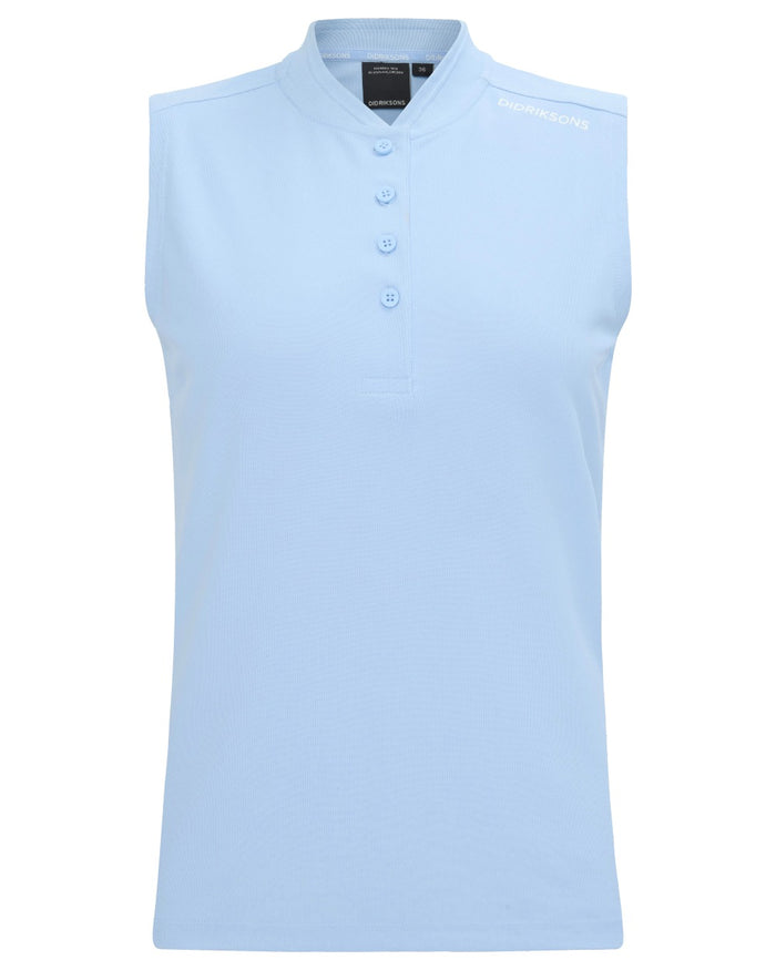 Sea Blue coloured Didriksons Womens Nikki Sleeveless Polo T-Shirt on white background #colour_sea-blue