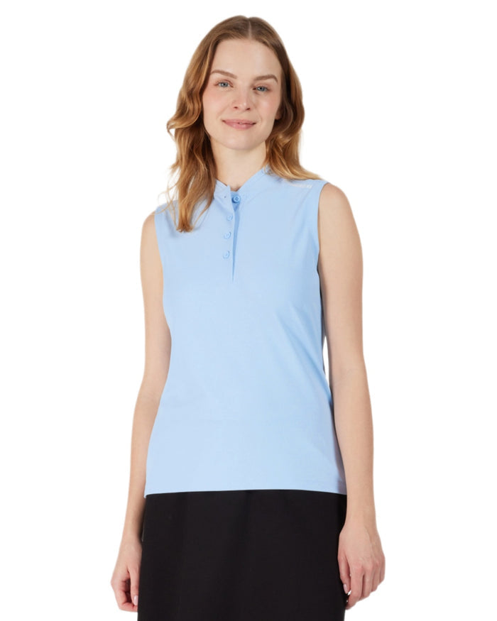 Sea Blue coloured Didriksons Womens Nikki Sleeveless Polo T-Shirt on white background #colour_sea-blue