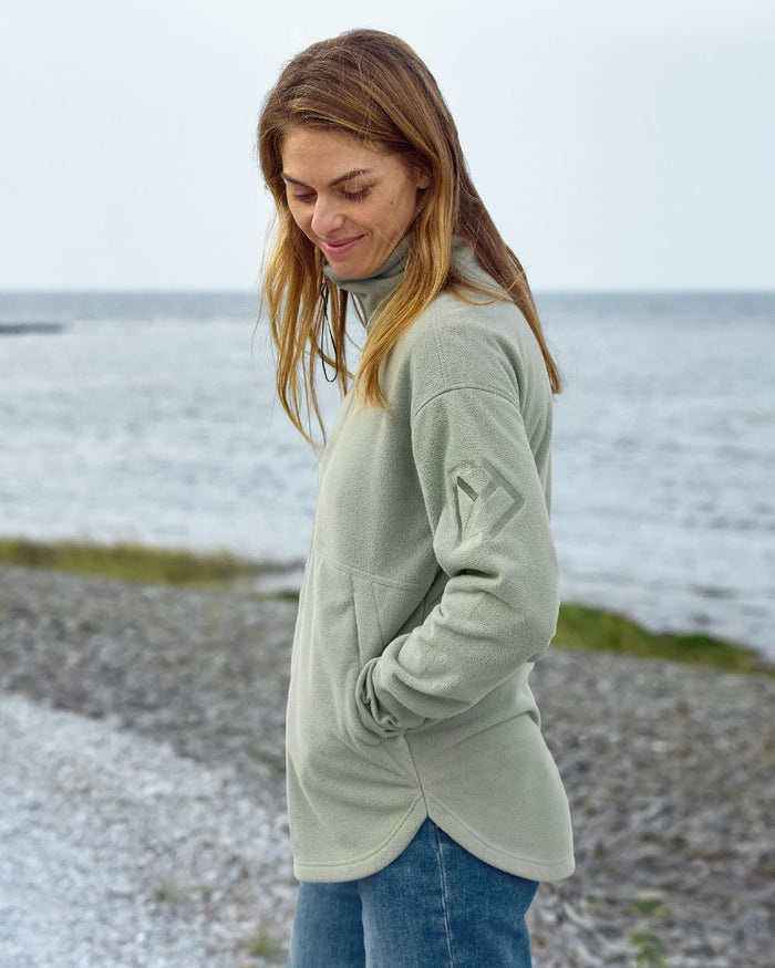 Wilted Leaf coloured Didriksons Womens Ronja Full Zip Sweater on coastal background #colour_wilted-leaf