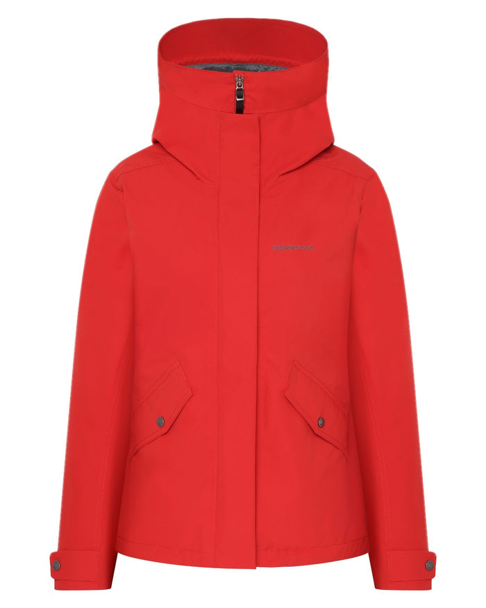 Pomme Red coloured Didriksons Womens Silja Jacket on white background #colour_pomme-red