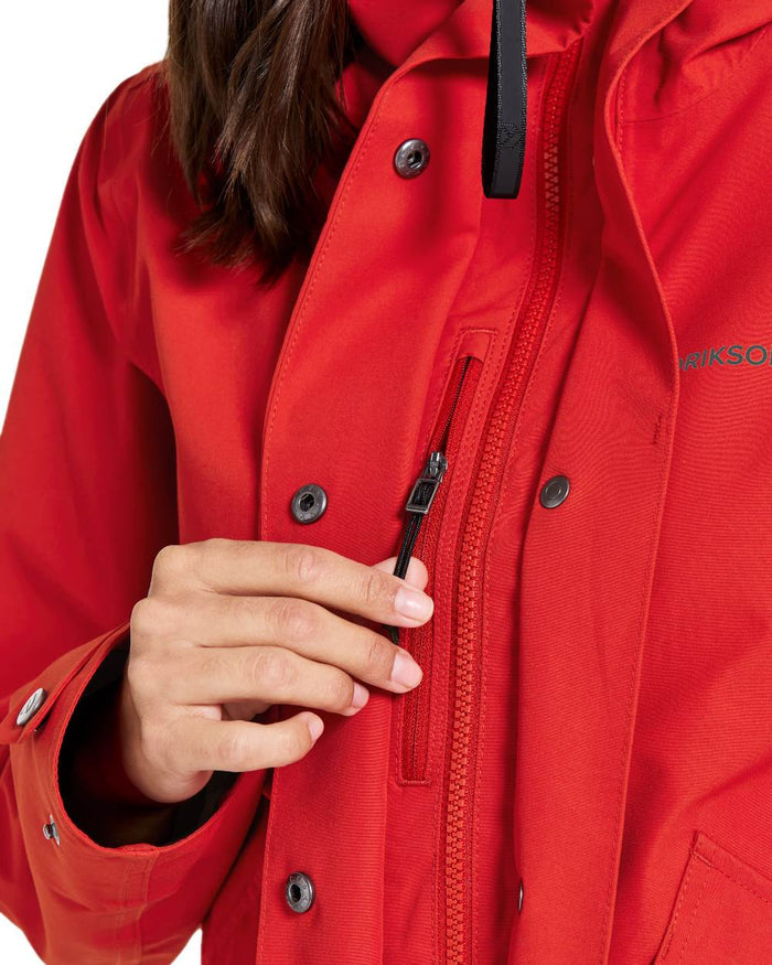 Pomme Red coloured Didriksons Womens Silja Jacket on white background #colour_pomme-red