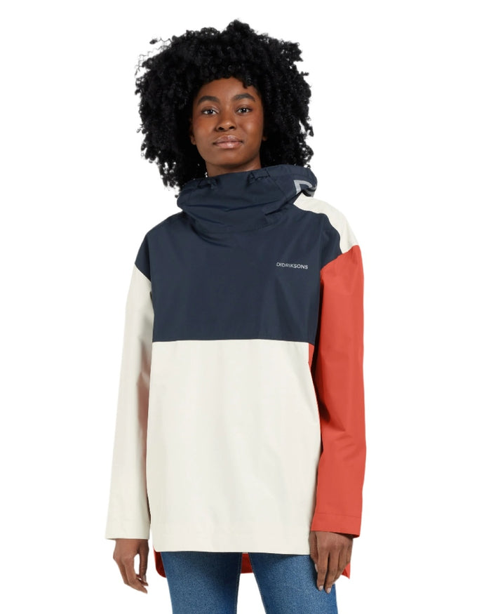 Brique Red Dark Blue White coloured Didriksons Womens Thyra Jacket 3 on white background #colour_brique-red-dark-blue-white