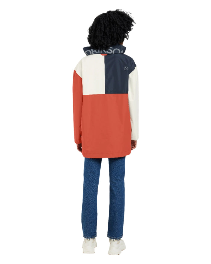 Brique Red Dark Blue White coloured Didriksons Womens Thyra Jacket 3 on white background #colour_brique-red-dark-blue-white