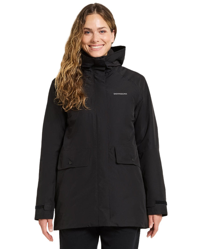 Black Coloured Didriksons Womens Tuva Parka on white background #colour_black