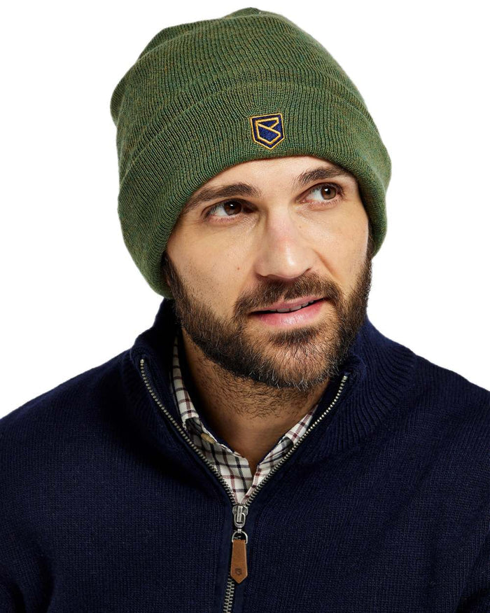 Olive Coloured Dubarry Mens Clonmellon Knitted Beanie on white background #colour_olive