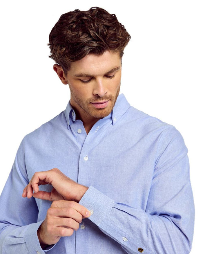 Pale Blue coloured Dubarry Mens Clontarf Oxford Shirt on white background #colour_pale-blue
