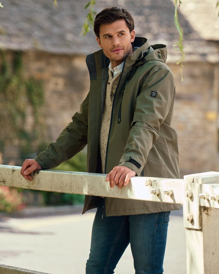 Kelp coloured Dubarry Mens Crossbarry Waterproof Jacket on outdoor background #colour_kelp
