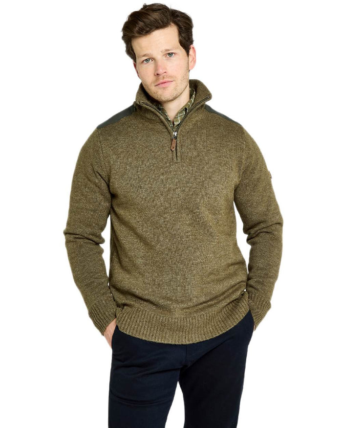 Dusky Green Coloured Dubarry Mens Doherty Zip Neck Sweater on white background #colour_dusky-green