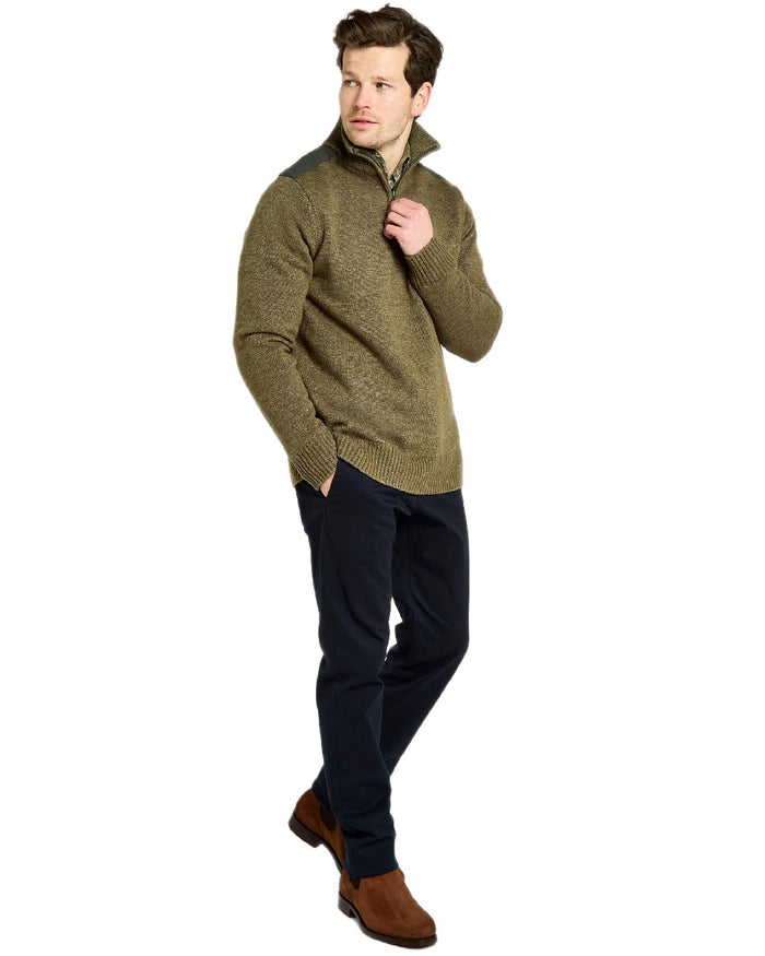Dusky Green Coloured Dubarry Mens Doherty Zip Neck Sweater on white background #colour_dusky-green