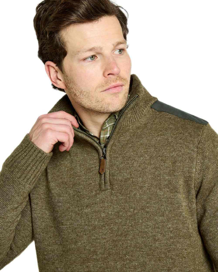 Dusky Green Coloured Dubarry Mens Doherty Zip Neck Sweater on white background #colour_dusky-green
