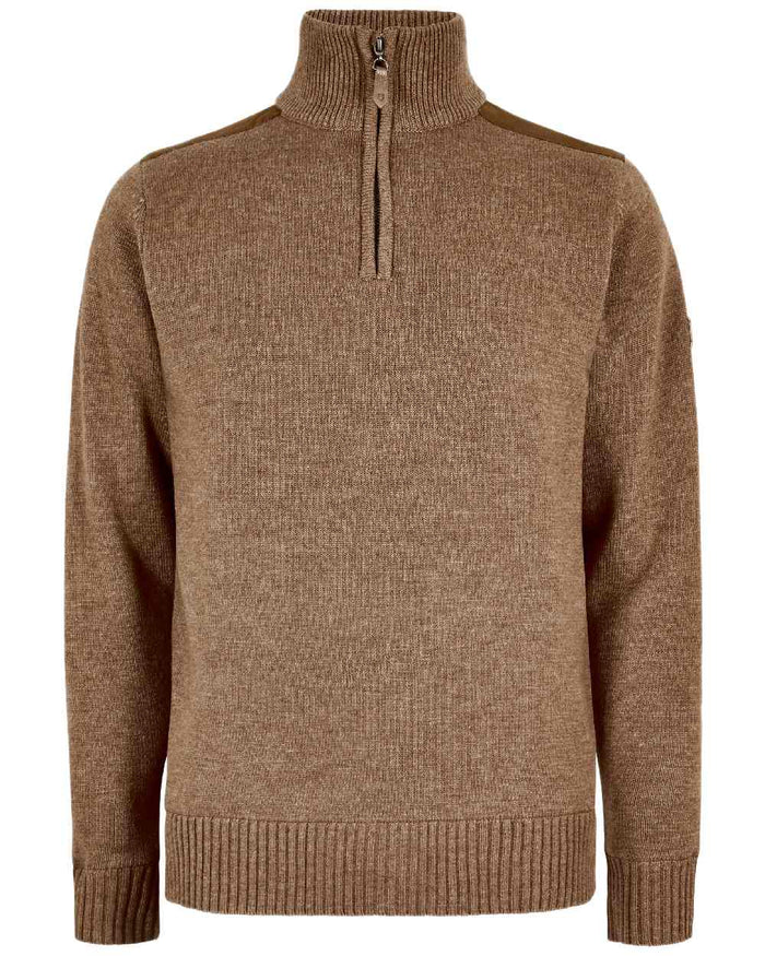 Elk Coloured Dubarry Mens Doherty Zip Neck Sweater on white background #colour_elk