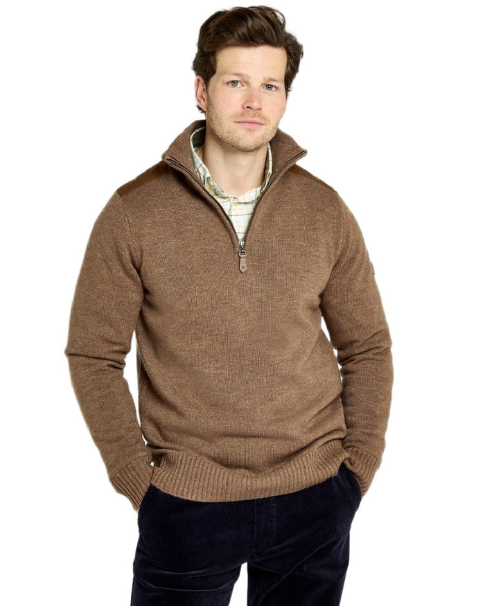 Elk Coloured Dubarry Mens Doherty Zip Neck Sweater on white background #colour_elk