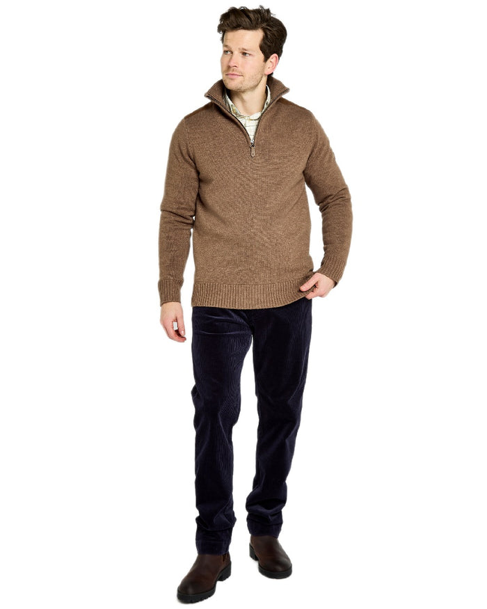 Elk Coloured Dubarry Mens Doherty Zip Neck Sweater on white background #colour_elk