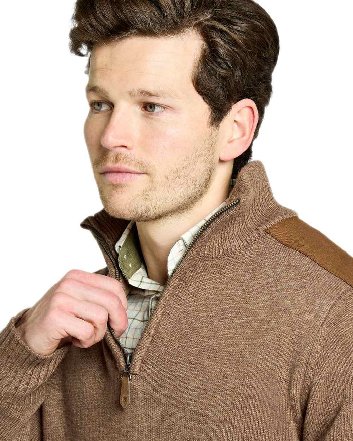 Elk Coloured Dubarry Mens Doherty Zip Neck Sweater on white background #colour_elk
