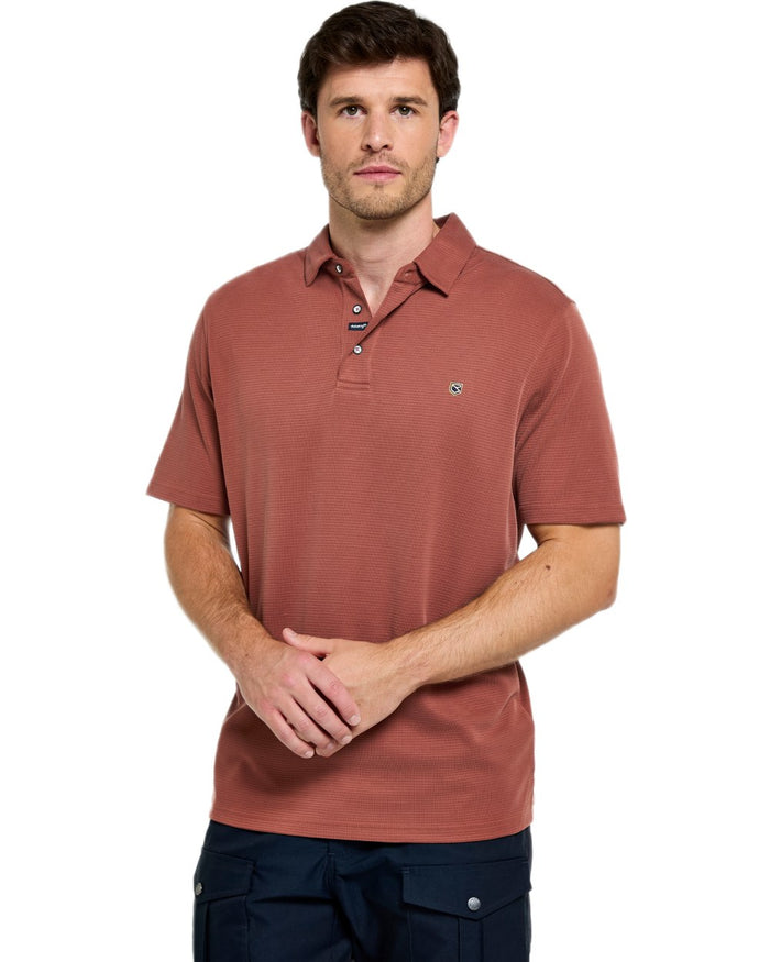 Rust coloured Dubarry Mens Gilligan Tencel Modal Polo T-Shirt on white background #colour_rust